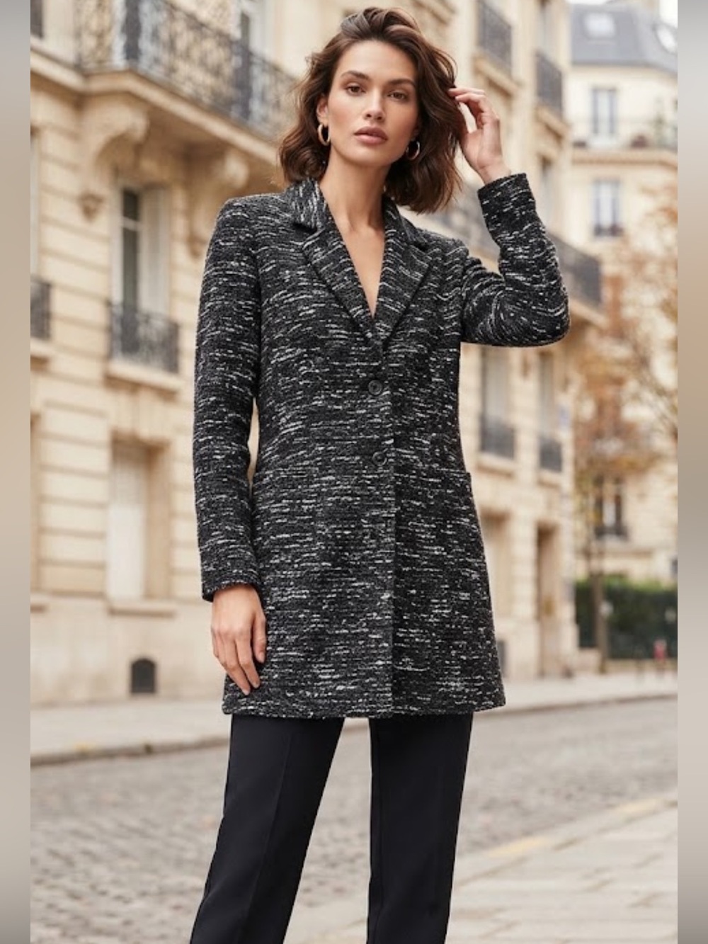 Free People Tweed Black Gray Woven Coat